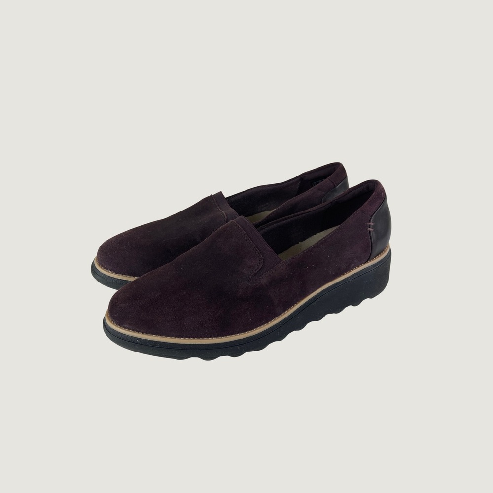 Clarks Sharon Dolly Loafers Womens 9.5 Burgundy Suede Wedge Slip On Comfort Shoe